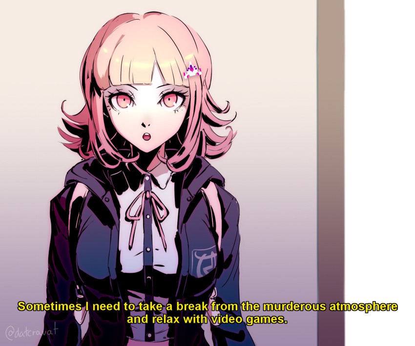 1girl arms_at_sides bangs blunt_bangs breasts commentary dangan_ronpa datcravat english_text highres light_brown_hair looking_at_viewer nanami_chiaki neck_ribbon open_mouth ribbon solo subtitled super_dangan_ronpa_2 twitter_username upper_body wing_collar