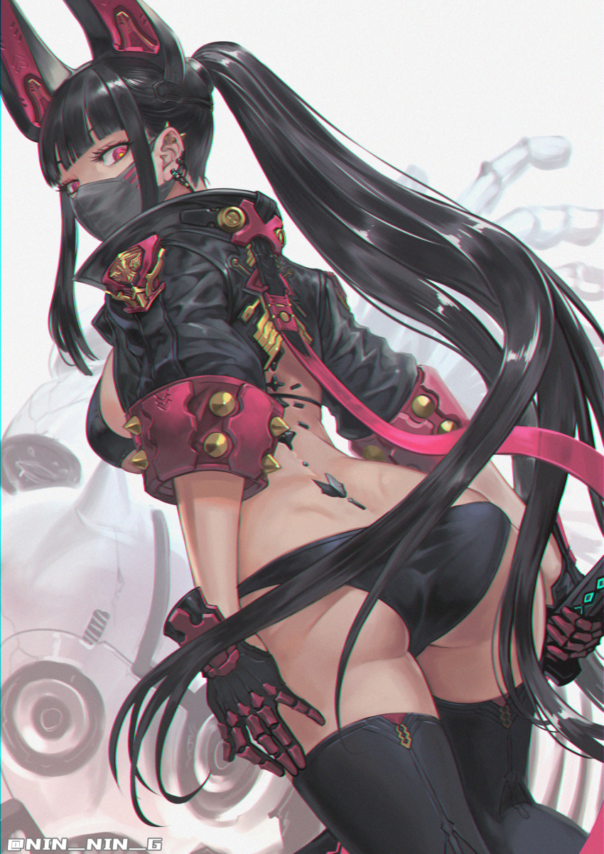 1girl absurdres ass bangs black_bra black_hair black_legwear black_panties blunt_bangs bra breasts cropped_jacket dimples_of_venus earrings from_behind gloves headgear highres holding holding_sword holding_weapon jewelry large_breasts long_hair looking_back mask mouth_mask multiple_piercings ninnin_(shishitou) original panties ponytail red_eyes sidelocks sleeve_cuffs solo sword thigh-highs thighs underwear very_long_hair weapon