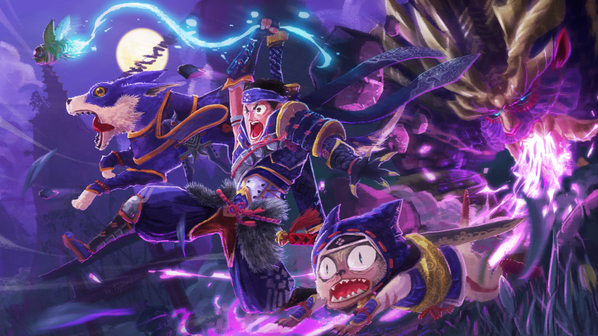 1boy absurdres animal_hood armor canyne cat_hood dagger fangs felyne glowing_mouth headband highres hood horns magnamalo monster_hunter monster_hunter_rise night open_mouth panicking running scar scarf sharp_teeth slit_pupils teeth tongue tongue_out tyyevil weapon