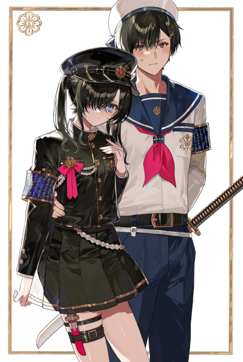 1boy 1girl aiguillette arm_around_waist arm_behind_back armband bangs belt black_hair black_skirt blue_eyes blue_pants blush commentary embarrassed feet_out_of_frame fuuna_(conclusion) gakuran hair_between_eyes hair_ornament hair_over_one_eye hairclip hand_on_another's_hip hat highres katana knife knife_holster long_hair long_sleeves looking_at_viewer military_hat miniskirt neckerchief original pants pink_neckwear pleated_skirt sailor_collar school_uniform serafuku shiny shiny_hair sidelocks simple_background skirt sweatdrop sword thigh_strap twintails weapon white_background