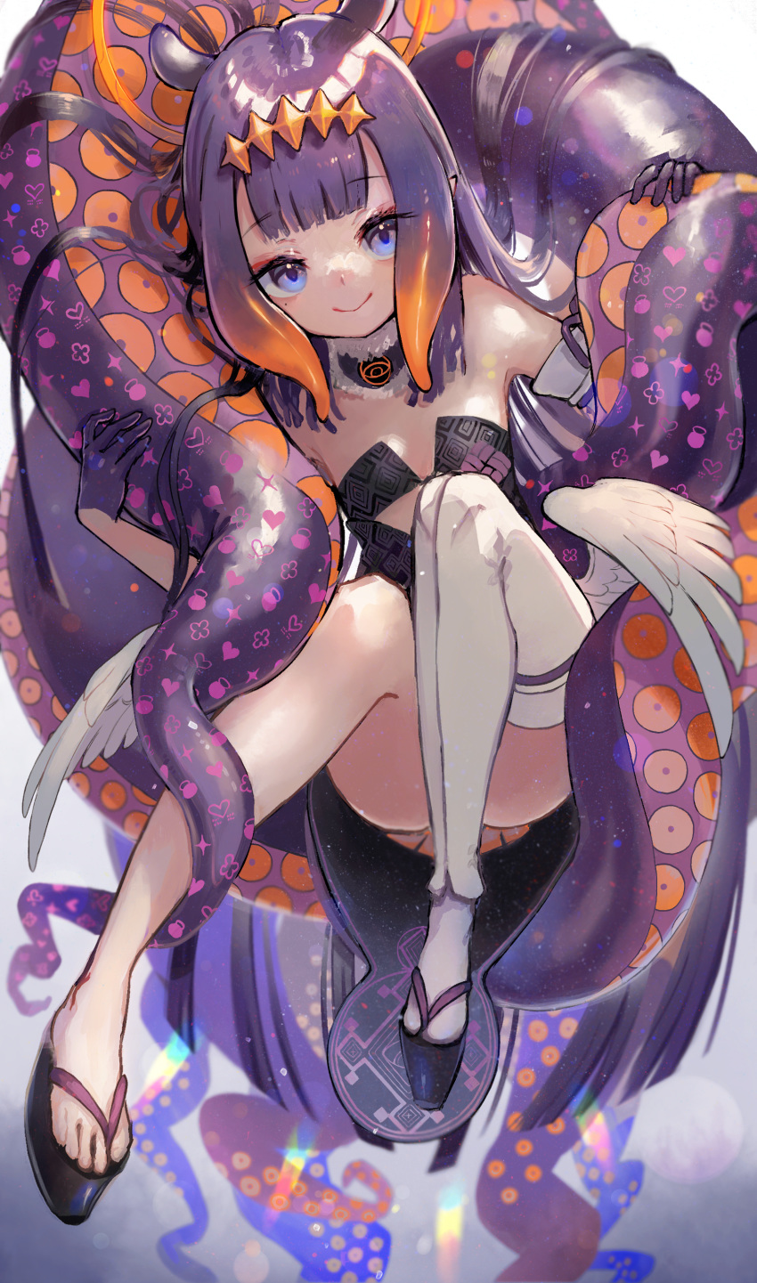 1girl absurdres bangs black_dress black_gloves blue_eyes blunt_bangs breasts dress fur_collar gloves halo highres hololive hololive_english long_hair looking_at_viewer low_wings mole mole_under_eye monster_girl ninomae_ina'nis pointy_ears purple_hair single_thighhigh small_breasts smile solo syukonbu tentacle_hair tentacles thigh-highs tiara virtual_youtuber wings zouri