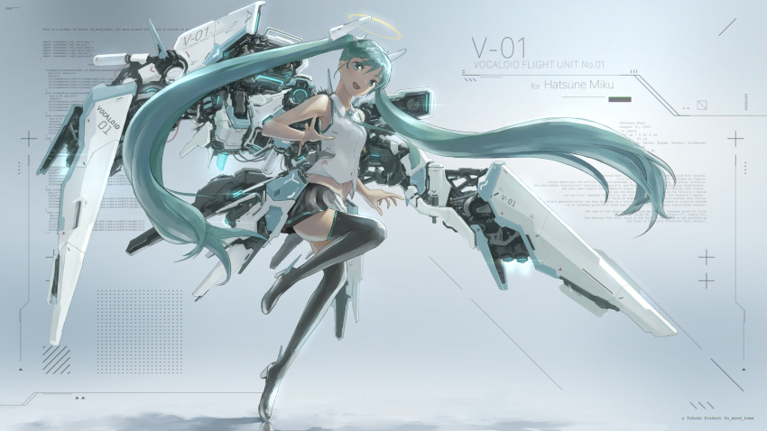 1girl absurdres black_skirt blue_eyes blue_hair boots breasts character_name copyright_name halo hatsune_miku head_tilt highres leg_up looking_at_viewer mecha_musume open_hand open_mouth science_fiction skirt sleeveless small_breasts smile solo takuan_(a_mood_home) thigh-highs thigh_boots twintails vocaloid