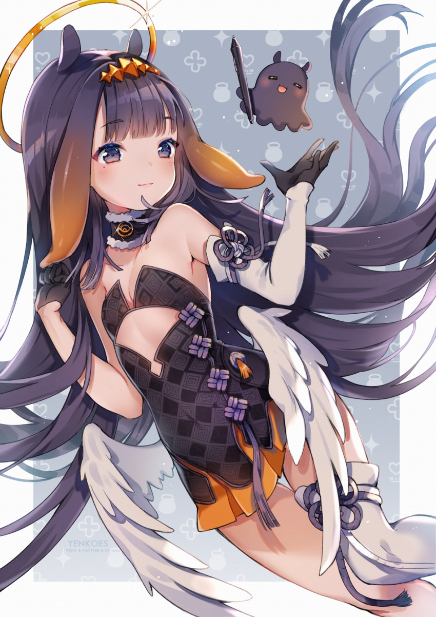 1girl bangs bare_shoulders barefoot black_gloves commentary dress feathered_wings gloves halo highres hololive hololive_english long_hair ninomae_ina'nis pointy_ears purple_hair single_thighhigh solo tentacles thigh-highs virtual_youtuber wings yennineii