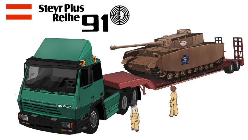 2girls black_hair brown_hair caterpillar_tracks emblem girls_und_panzer ground_vehicle highres hoshino_(girls_und_panzer) jumpsuit military military_vehicle motor_vehicle multiple_girls nakajima_(girls_und_panzer) ooarai_(emblem) tank tank_top tianyu_jifeng truck vehicle_focus wheel white_background