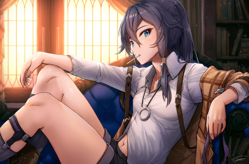 1girl arm_on_knee armchair blue_eyes book bookshelf candy chair commentary curtains food fu_hua grey_hair hair_between_eyes honkai_(series) honkai_impact_3rd indoors jacket jewelry lollipop long_hair looking_at_viewer navel necklace on_chair open_clothes open_jacket shirt sidelocks signature sitting solo suspenders white_shirt xfate