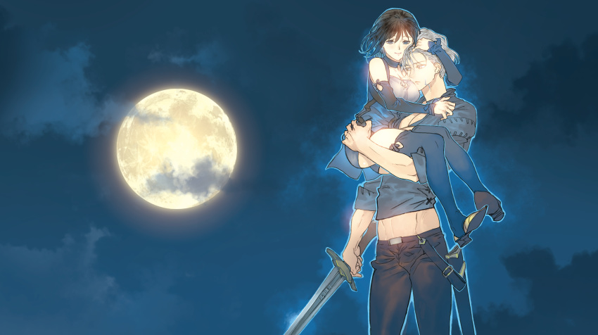 1boy 1girl absurdres black_hair blue_eyes blue_legwear blue_outline blue_shirt brown_pants carrying clouds cloudy_sky couple detached_sleeves full_moon grey_eyes grey_hair hair_between_eyes head_hug hetero highres holding holding_sword holding_weapon janus_(pantheon) medium_hair midriff moon night night_sky original outline pants scabbard sheath shirt sky smile sword weapon