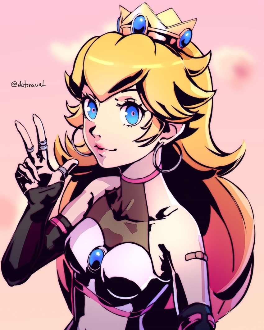 1girl alternate_costume bare_shoulders black_sleeves blonde_hair blue_eyes breasts closed_mouth covered_collarbone crown datcravat detached_sleeves highres lips long_hair looking_at_viewer super_mario_bros. princess_peach sleeveless smile solo twitter_username upper_body w