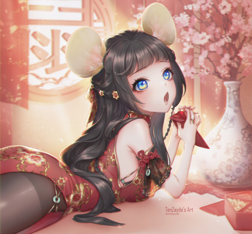 1girl 2020 angpao animal_ear_fluff animal_ears artist_name bangs bare_shoulders black_bra black_hair black_legwear blue_eyes blunt_bangs box bra bra_peek braid branch breasts chestnut_mouth china_dress chinese_clothes chinese_new_year chinese_zodiac cowboy_shot curtains day detached_sleeves dress floral_print flower flower_braid food from_side hair_flower hair_ornament hair_ribbon half_updo highres holding indoors jade_(gemstone) jewelry long_hair looking_away looking_to_the_side looking_up lying mouse_ears mouse_girl multiple_braids new_year o-ring on_stomach open_mouth original pantyhose pink_flower plum_blossoms print_dress red_dress red_ribbon red_theme ribbon ring round_window see-through_silhouette side_braid side_slit sidelocks snack solo sunlight sweets tenzayda thighband_pantyhose underwear vase very_long_hair year_of_the_rat