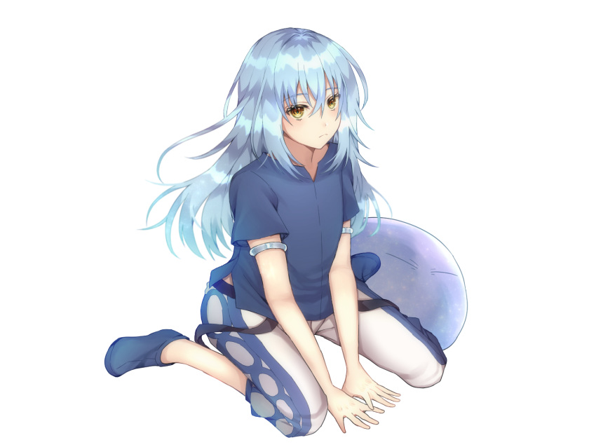 2others androgynous bangle bangs blue_hair blue_shirt bracelet closed_mouth eyebrows_visible_through_hair hair_between_eyes highres jewelry long_hair looking_at_viewer multiple_others oyu_428 rimuru_tempest shirt simple_background sleeveless slime smile solo tensei_shitara_slime_datta_ken white_background yellow_eyes