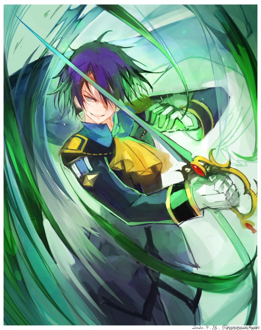 1boy ascot blue_eyes border dated evil_smile gloves hair_over_one_eye highres holding holding_sword holding_weapon long_sleeves male_focus nagasawa_tougo open_mouth purple_hair rapier saleh smile solo sword tales_of_(series) tales_of_rebirth twitter_username uniform weapon white_border white_gloves yellow_neckwear