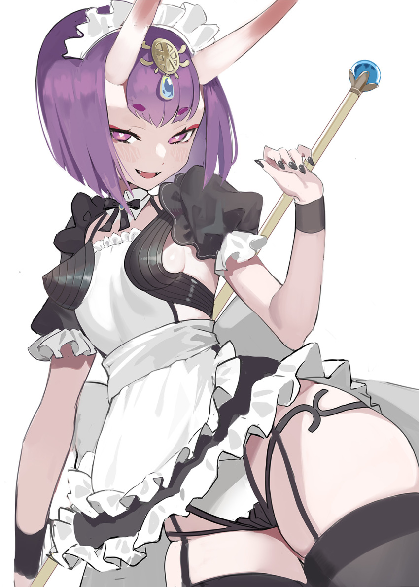 1girl :d apron bangs black_legwear black_nails blush breasts eyeliner fangs fate/grand_order fate_(series) garter_straps hair_ornament heart heart-shaped_pupils highres hikimayu horns looking_at_viewer maid maid_apron maid_headdress makeup oni oni_horns open_mouth purple_hair short_hair shuten_douji_(fate/grand_order) simple_background smile solo symbol-shaped_pupils thigh-highs violet_eyes white_background wtcolor