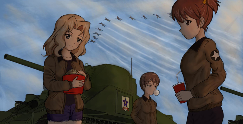 3girls aircraft alisa_(girls_und_panzer) blonde_hair blue_eyes brown_eyes brown_hair caterpillar_tracks chewing_gum clouds cloudy_sky cup emblem english_commentary evening food girls_und_panzer ground_vehicle highres kay_(girls_und_panzer) light_smile looking_at_viewer m4_sherman military military_vehicle motor_vehicle multiple_girls naomi_(girls_und_panzer) popcorn qian saunders_(emblem) saunders_military_uniform short_hair sky strike_witches tank twintails world_witches_series