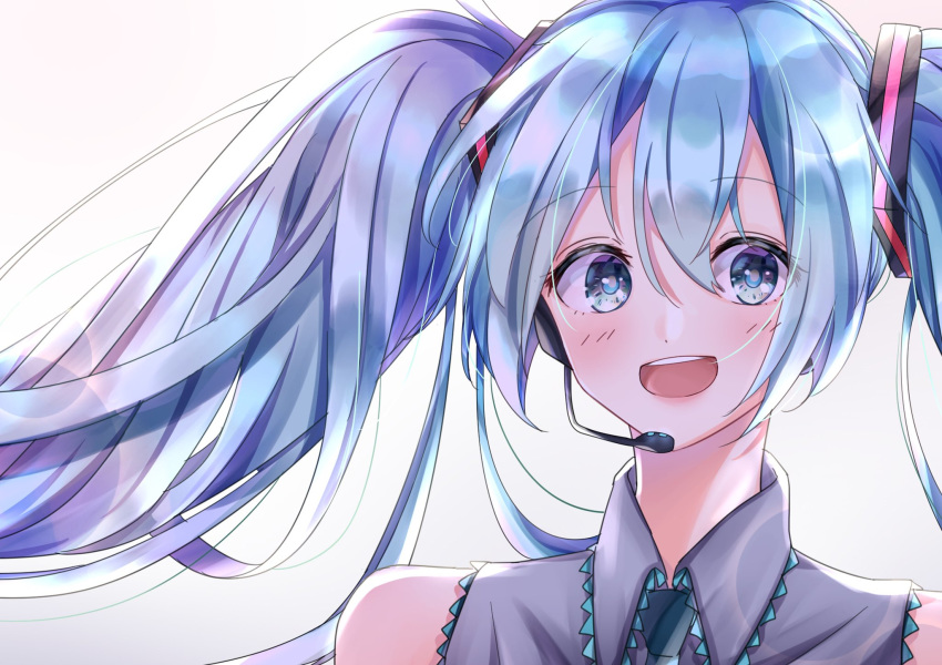 1girl aqua_eyes aqua_hair aqua_neckwear bare_shoulders commentary grey_shirt hair_ornament hatsune_miku headphones headset highres lens_flare lips long_hair looking_at_viewer necktie open_mouth portrait shirt sleeveless sleeveless_shirt smile solo twintails vocaloid white_background yuyuyu_1011