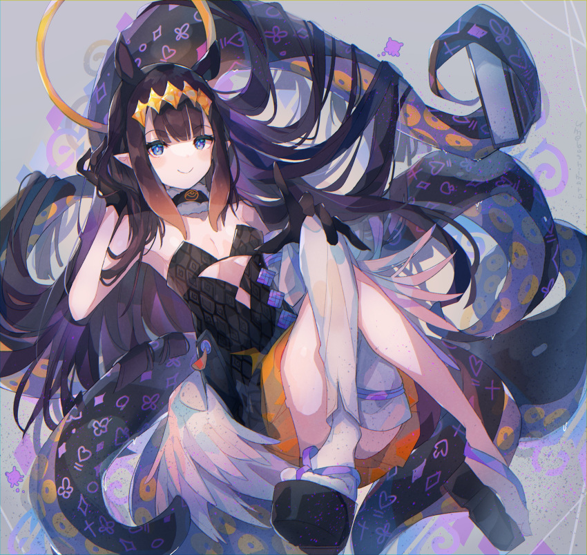 1girl absurdres bangs black_dress black_gloves blue_eyes blunt_bangs blush book breasts crossed_legs dress full_body fur_collar gloves halo hand_in_hair hand_on_own_knee highres holding holding_book hololive hololive_english long_hair looking_at_viewer low_wings monster_girl ninomae_ina'nis pointy_ears purple_hair single_thighhigh sitting small_breasts smile solo tentacle_hair tentacle_hold tentacles thigh-highs tiara umemaro_(siona0908) virtual_youtuber wings zouri