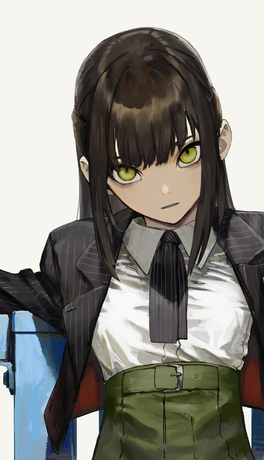 1girl absurdres beige_background black_neckwear brown_hair dachi_mahi formal high-waist_skirt highres huge_filesize long_hair looking_at_viewer original parted_lips simple_background sitting skirt solo striped striped_neckwear suit yellow_eyes