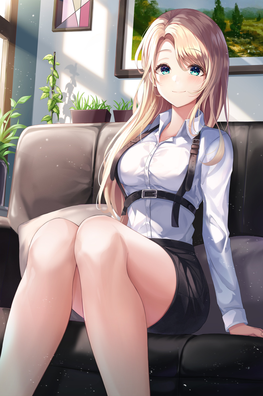 1girl absurdres aqua_eyes bangs bare_legs black_skirt blonde_hair blush breasts buckle closed_mouth collared_shirt couch day eyebrows_visible_through_hair feet_out_of_frame gongha harness highres indoors long_hair long_sleeves looking_at_viewer medium_breasts miniskirt on_couch original painting_(object) plant potted_plant shirt skirt smile solo sunlight swept_bangs symbol_commentary white_shirt window_shade