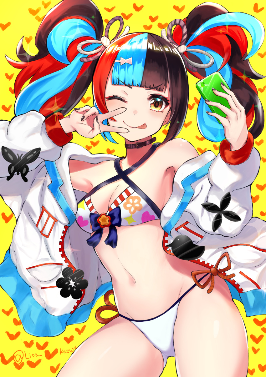 1girl absurdres bikini black_nails cellphone fate/grand_order fate_(series) heart highres jacket liom_kazuya multicolored_hair navel one_eye_closed phone sei_shounagon_(fate) smartphone swimsuit tongue tongue_out twintails twitter_username v white_jacket yellow_background yellow_eyes