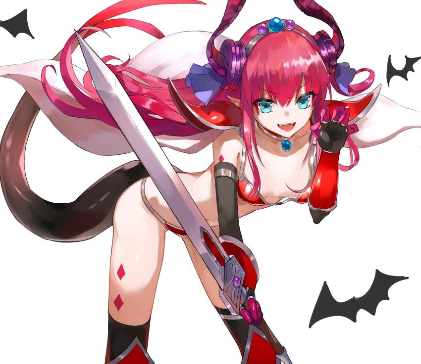 1girl absurdres armor bangs bat bent_over bikini bikini_armor black_legwear blue_eyes breasts cape claw_pose collarbone commentary_request diamond_(symbol) dragon_horns dragon_tail elizabeth_bathory_(brave)_(fate) elizabeth_bathory_(fate)_(all) eyebrows_visible_through_hair fate/grand_order fate_(series) hair_ribbon highres holding holding_sword holding_weapon horns hoshi_rasuku long_hair open_mouth oversized_clothes pink_hair pointy_ears purple_ribbon ribbon shoulder_armor sidelocks small_breasts socks solo swimsuit sword tail thighs weapon white_background white_cape