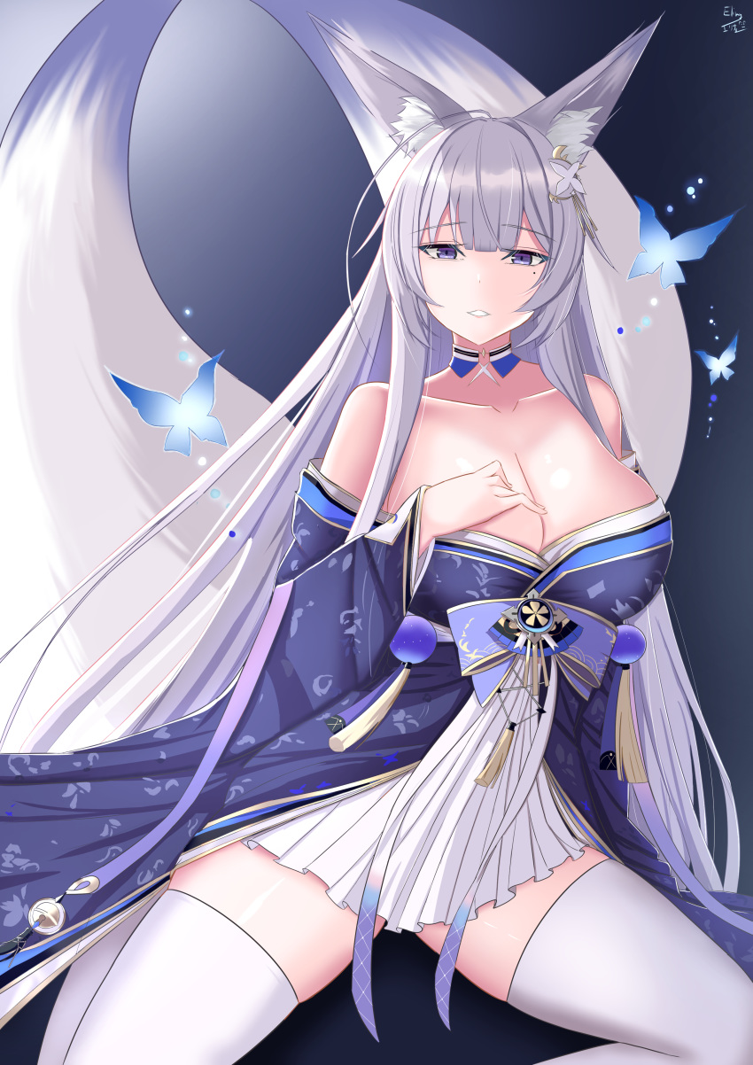 1girl absurdres animal_ear_fluff animal_ears azur_lane black_background blue_background blue_butterfly blue_collar blue_kimono breasts collar collarbone elina_-_erina eyebrows_visible_through_hair fox_ears fox_girl gradient gradient_background hair_between_eyes hand_on_own_chest highres japanese_clothes kimono kitsune large_breasts looking_at_viewer multiple_tails off-shoulder_kimono sakura_empire_(emblem) shinano_(azur_lane) skirt smile solo tail white_legwear white_skirt white_tail
