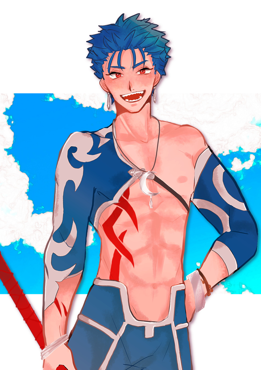 1boy abs blue_hair bodypaint cowboy_shot cu_chulainn_(fate)_(all) earrings fate/grand_order fate_(series) gae_bolg highres jewelry lancer looking_at_viewer necklace nipples open_mouth red_eyes short_hair sky solo spiky_hair strap teeth toned user_uerk4237