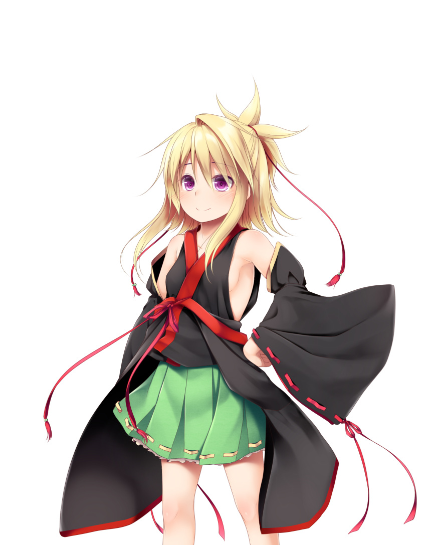 1girl absurdres bangs bare_shoulders black_kimono black_sleeves blonde_hair blush closed_mouth detached_sleeves eyebrows_visible_through_hair green_skirt hair_between_eyes haryuu_(poetto) highres japanese_clothes kimono long_sleeves original pleated_skirt ponytail ribbon-trimmed_skirt ribbon-trimmed_sleeves ribbon_trim simple_background single_hair_intake skirt sleeveless sleeveless_kimono sleeves_past_wrists smile solo violet_eyes white_background wide_sleeves