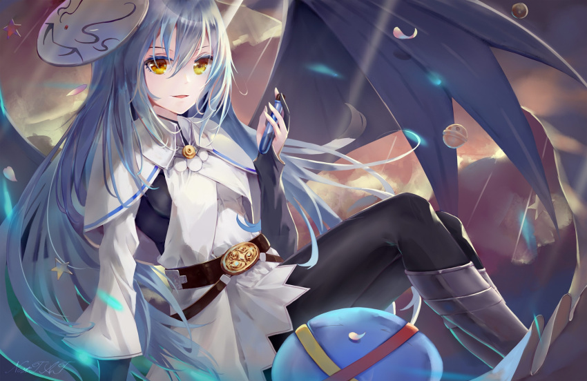 2others androgynous bangs belt black_legwear blue_hair boots breasts collar hair_between_eyes highres holding long_hair long_sleeves looking_at_viewer multiple_others nosttat open_mouth petals rimuru_tempest signature slime smile star_(symbol) tensei_shitara_slime_datta_ken very_long_hair vial wings yellow_eyes