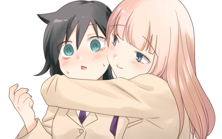 2girls bags_under_eyes bangs black_hair blazer blue_eyes blunt_bangs blush closed_mouth collared_shirt commentary eyebrows_visible_through_hair green_eyes hair_between_eyes highres hikaru_(ofuton_at5) hug jacket katou_asuka kuroki_tomoko light_brown_hair long_hair looking_at_another multiple_girls necktie open_mouth purple_neckwear school_uniform shirt simple_background smile sweatdrop upper_body watashi_ga_motenai_no_wa_dou_kangaetemo_omaera_ga_warui! white_background white_shirt yellow_jacket yuri