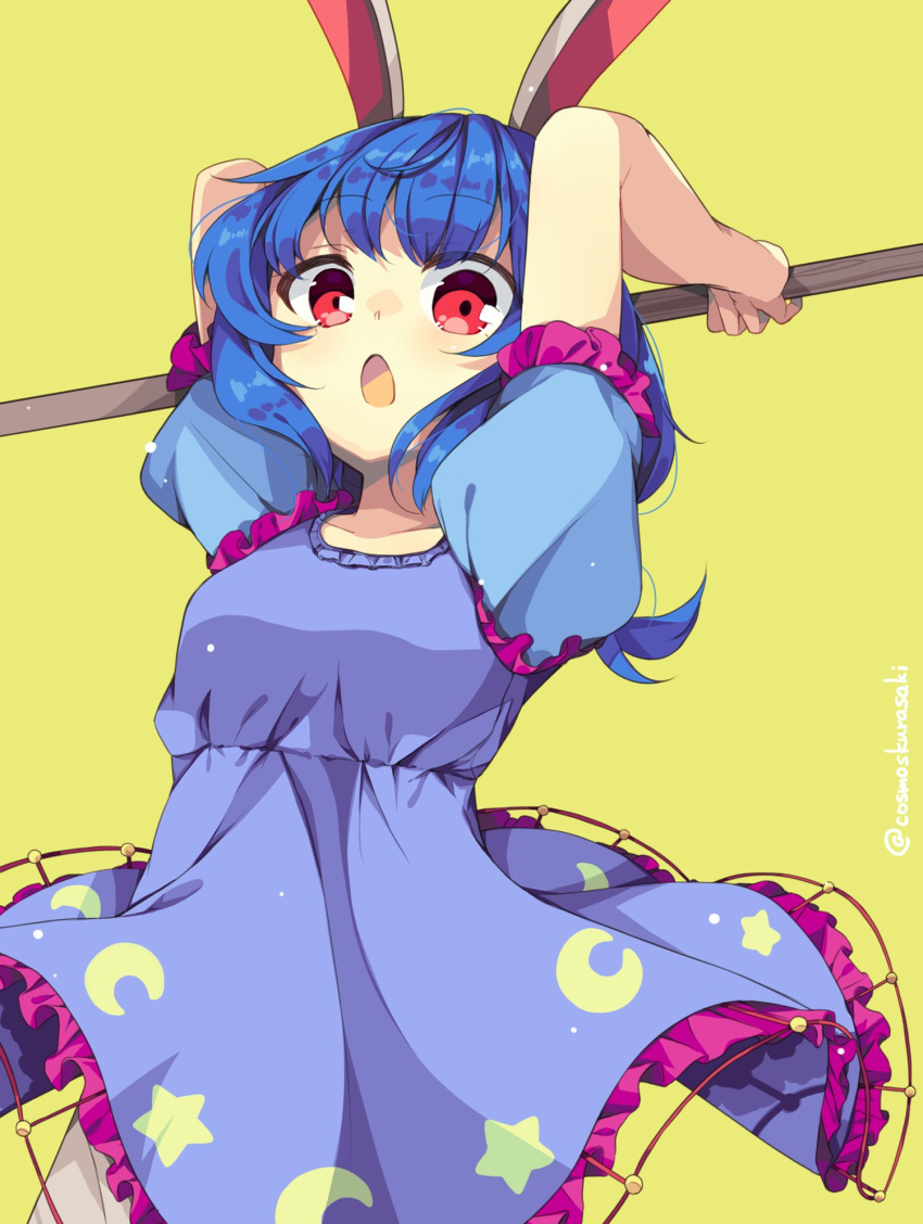 animal_ears bloomers blue_dress blue_hair breasts bunny_tail crescent dress eyebrows_visible_through_hair frilled_dress frilled_sleeves frills highres holding kurasaki_cosmos legacy_of_lunatic_kingdom mallet open_mouth puffy_short_sleeves puffy_sleeves rabbit_ears red_eyes seiran_(touhou) short_sleeves simple_background stain star_(symbol) tail touhou underwear yellow_background