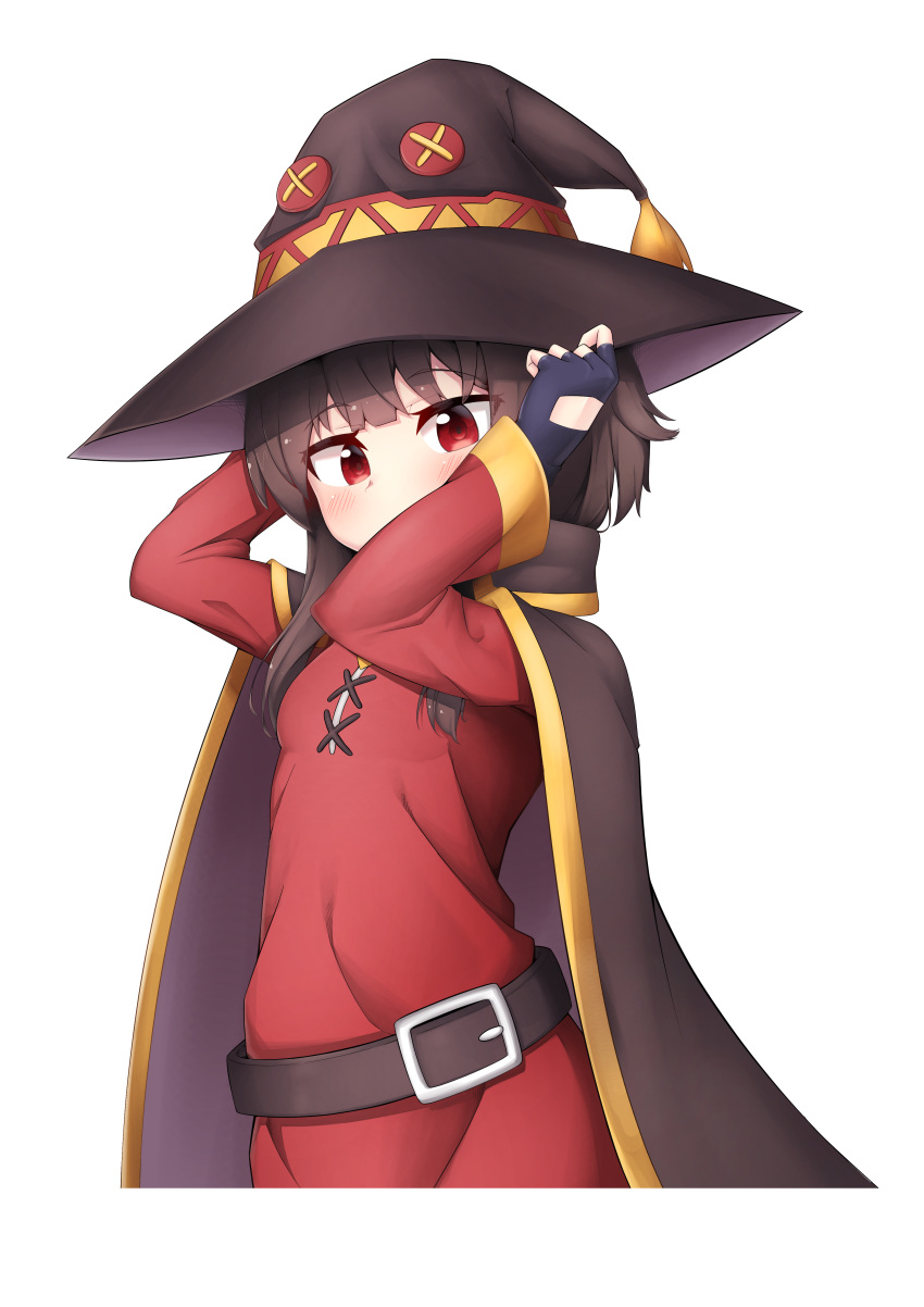 1girl absurdres adjusting_clothes adjusting_headwear arms_up bangs belt belt_buckle black_gloves black_headwear blush breasts brown_hair buckle cape commentary_request dress fingerless_gloves gloves hands_on_headwear hapy_(parkhyunjae9494) hat highres kono_subarashii_sekai_ni_shukufuku_wo! long_sleeves looking_at_viewer megumin red_dress red_eyes short_hair small_breasts solo transparent_background upper_body witch_hat