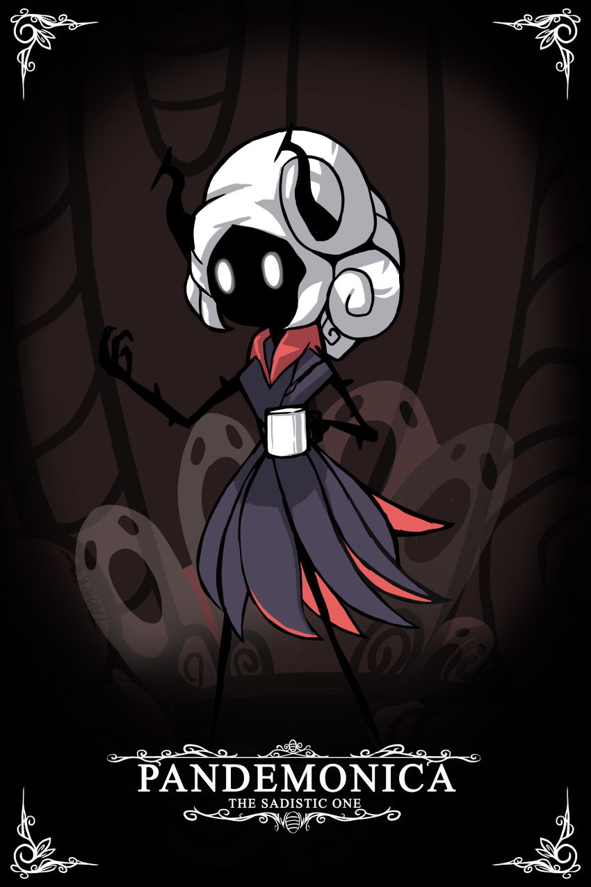 absurdres artist_name black_dress black_horns black_skin character_name coffee_cup commentary cup disposable_cup dress ghost_print hand_up helltaker highres holding holding_cup hollow_knight horns insect_girl long_hair pandemonica_(helltaker) parody signature standing style_parody taphris white_hair
