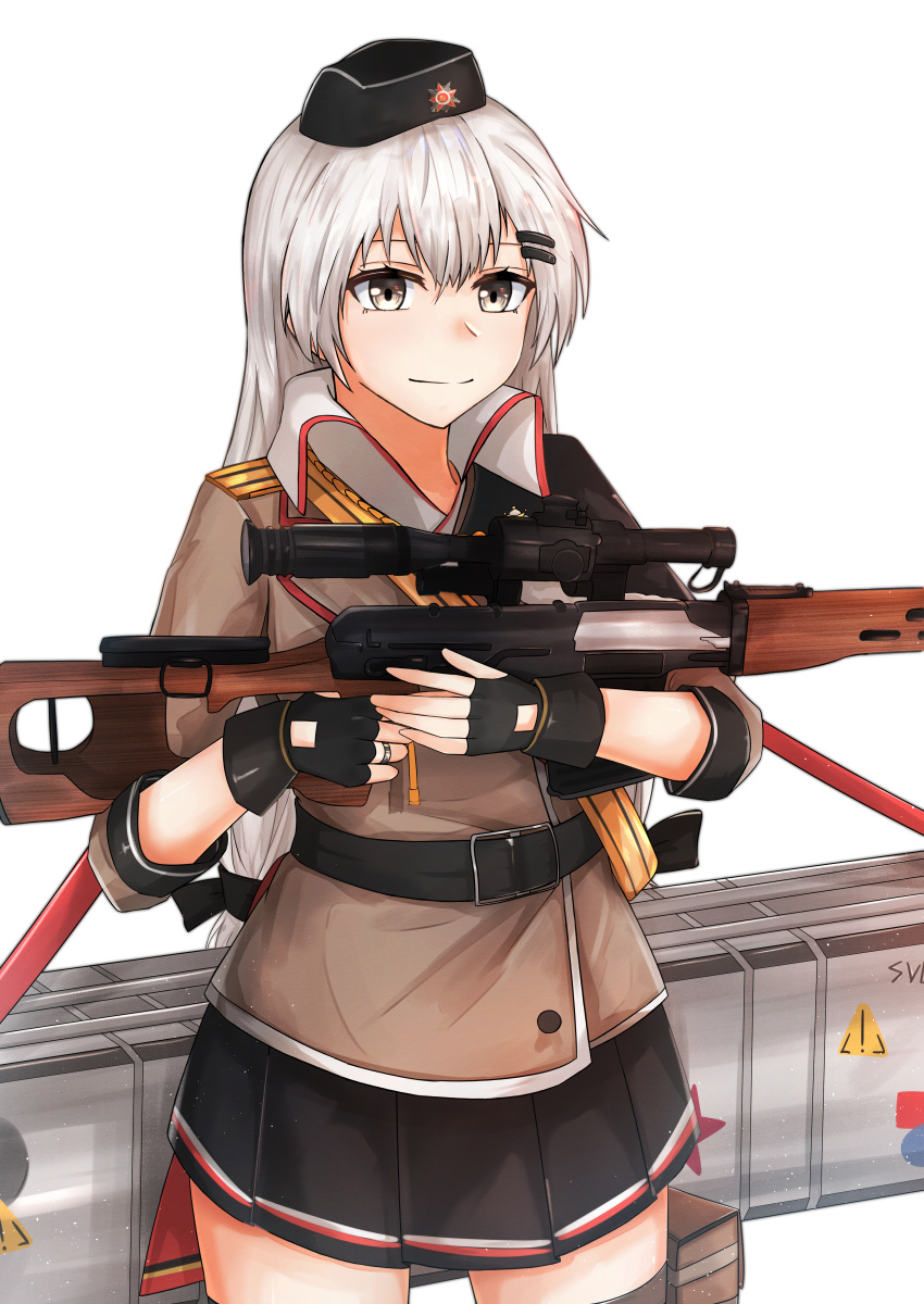 1girl absurdres barrette belt black_gloves black_headwear black_skirt brown_jacket closed_mouth dragunov_svd eyebrows_visible_through_hair girls_frontline gloves grey_eyes grey_hair gun hair_between_eyes hat highres holding holding_weapon huge_filesize jacket jewelry leg_holster long_hair looking_at_viewer military_hat muteppona_hito partly_fingerless_gloves red_star rifle ring shirt silver_hair skirt sniper_rifle solo soviet_flag svd_(girls_frontline) tape thigh-highs uniform weapon weapon_case white_background white_shirt