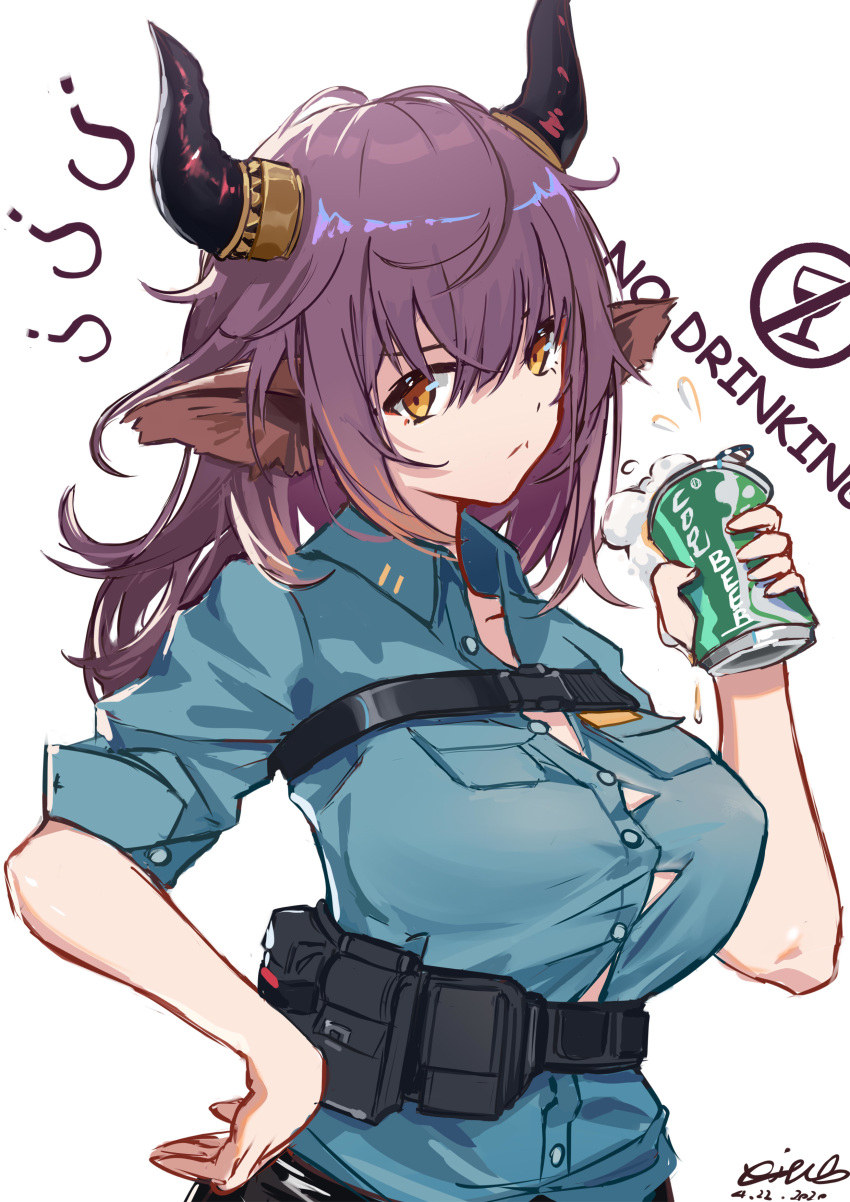 1girl ? absurdres animal_ears arknights artist_name bangs beer_can belt blue_shirt breast_pocket breasts brown_eyes button_gap can collared_shirt cow_ears dated dress_shirt english_text highres holding holding_can horns large_breasts looking_at_viewer medium_hair pocket purple_hair shirt sideroca_(arknights) signature solo upper_body utility_belt xiukukkii