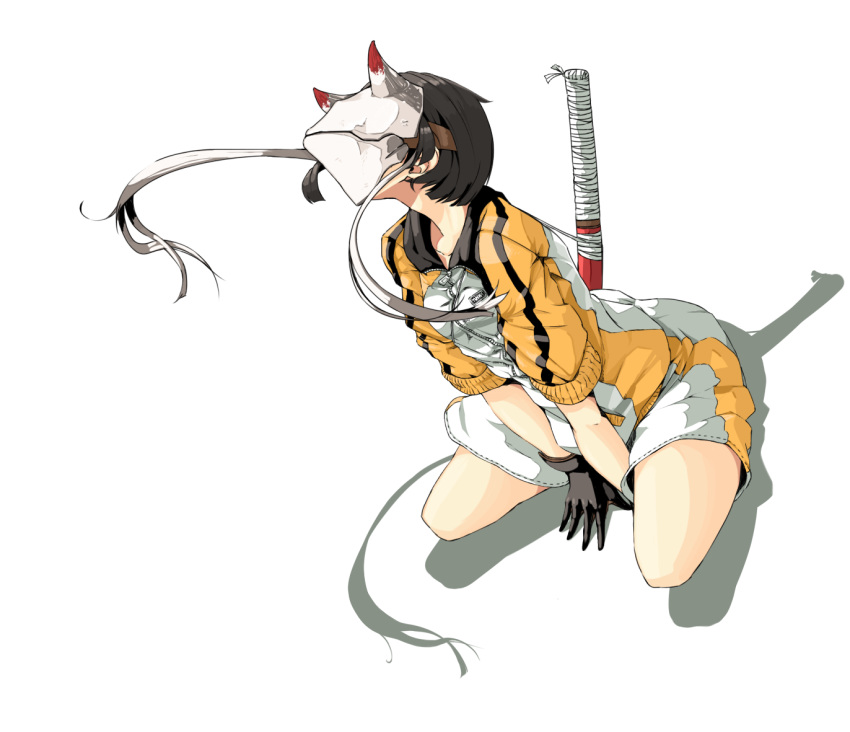 1girl bandages black_gloves black_hair gloves horned_mask horns jacket jersey katana mask original scabbard sheath sheathed short_hair simple_background solo squatting sword track_jacket track_suit weapon white_background yuyu_ekaki_dayo zipper zipper_pull_tab