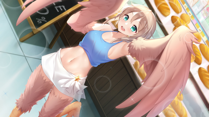 1girl :d absurdres arm_up bakery bird_legs blue_tank_top bread brown_hair english_commentary existence eyebrows_visible_through_hair feathered_wings food game_cg green_eyes hair_between_eyes harpy highres indoors kari_(existence) looking_at_viewer midriff monster_girl navel open_mouth shop skirt smile standing standing_on_one_leg tank_top uosaasou white_skirt wings
