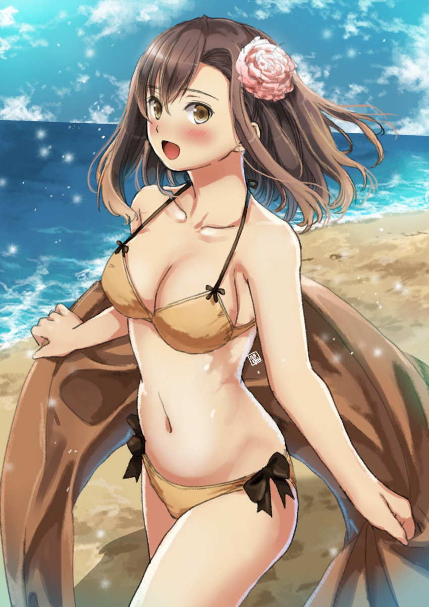 1girl :o beach bikini brown_eyes brown_hair floating_hair flower garimpeiro hair_flower hair_ornament highres looking_at_viewer medium_hair midriff navel ocean open_mouth original solo swimsuit water yellow_bikini