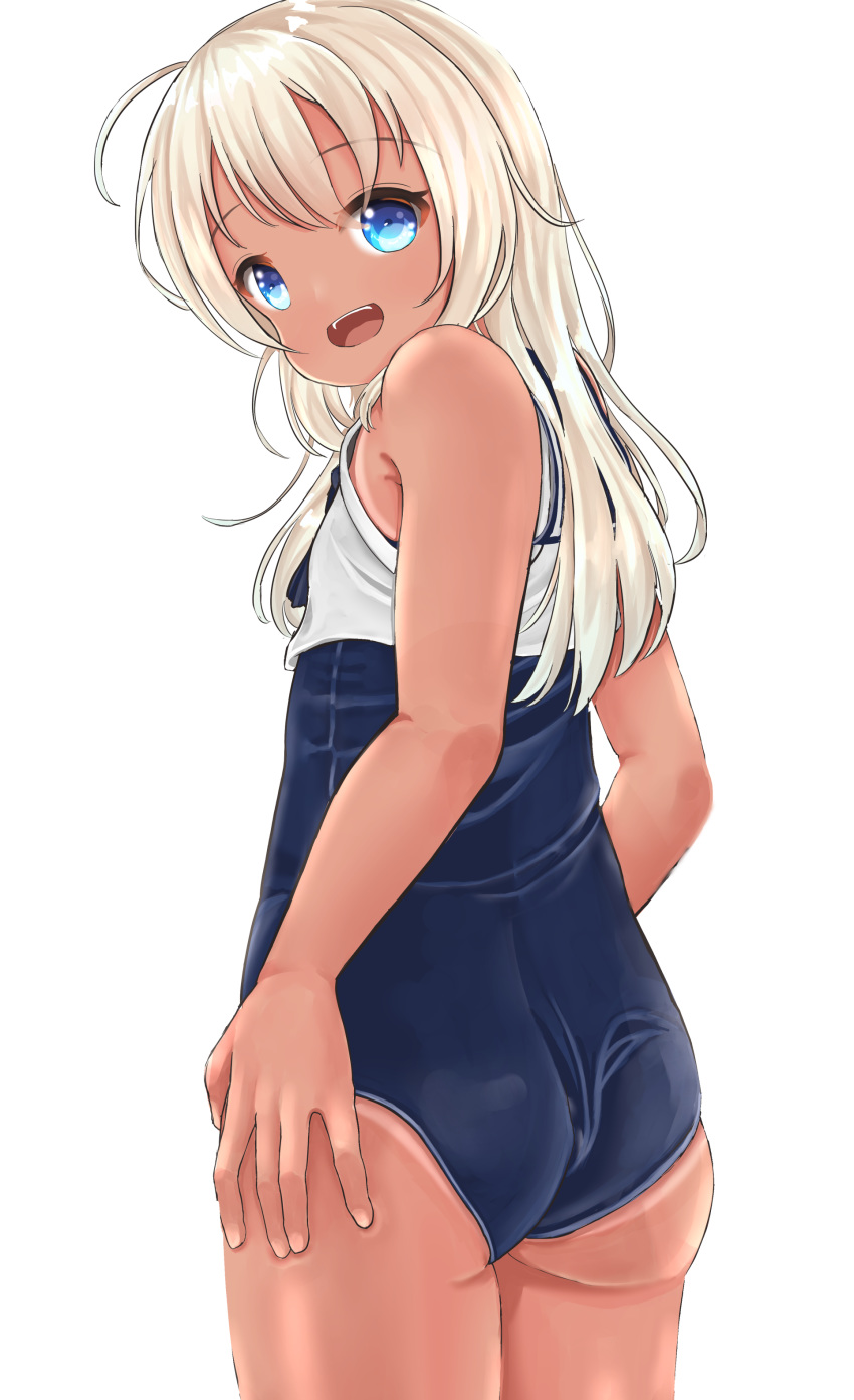 1girl absurdres black_sailor_collar black_swimsuit blonde_hair blue_eyes cowboy_shot crop_top flat_chest flower from_behind hair_flower hair_ornament highres kantai_collection long_hair looking_at_viewer looking_back mukaino_kei one-piece_tan ro-500_(kantai_collection) sailor_collar school_swimsuit simple_background solo swimsuit swimsuit_under_clothes tan tanline white_background