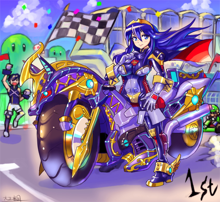 1girl bicycle blue_eyes blue_hair blush bodysuit breasts cape capelet chrom_(fire_emblem) cloak closed_mouth commentary_request fire_emblem fire_emblem_awakening gloves ground_vehicle highres long_hair looking_at_viewer lucina lucina_(fire_emblem) luigi mario_kart multiple_boys oomasa_teikoku open_mouth skin_tight smile tiara