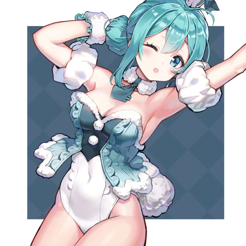 1girl absurdres aqua_eyes aqua_hair armpits arms_up bicute_bunnies_miku breasts collar covered_navel cowboy_shot double_bun hair_between_eyes hatsune_miku hatsune_miku_graphy_collection highres leotard lim_jaejin medium_breasts mini_necktie one_eye_closed open_mouth sidelocks solo vocaloid