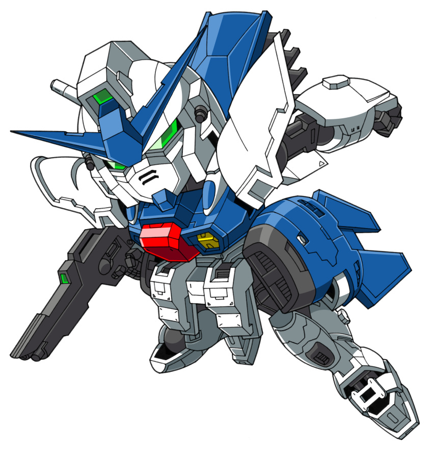 beni_(nikaidera) chibi clenched_hand g-saviour_gundam green_eyes gun gundam gundam_g-saviour highres holding holding_gun holding_weapon looking_at_viewer mecha no_humans solo v-fin weapon white_background