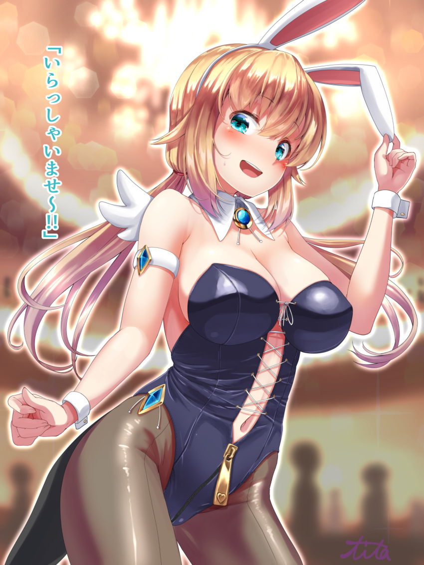 1girl animal_ears black_legwear blonde_hair blue_eyes blue_leotard blush bunny_girl bunnysuit commentary_request crotch_zipper detached_collar fake_animal_ears hairband highres leotard low_twintails navel original rabbit_ears soba_chatarou_(tita) solo standing strapless strapless_leotard translation_request twintails white_hairband wrist_cuffs zipper zipper_leotard zipper_pull_tab