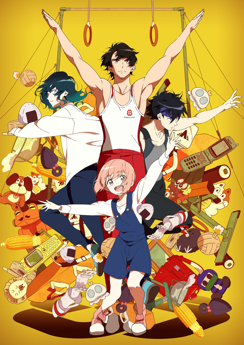 1girl 3boys absurdres aragaki_jotaro aragaki_rei backpack bag black_hair boots cellphone corn facial_hair gradient gradient_hair green_hair gymnastics headband highres key_visual leonardo_(taiso_samurai) light_brown_hair long_sleeves looking_at_viewer minamino_tetsuo multicolored_hair multiple_boys official_art open_mouth overall_shorts phone randoseru short_hair sleeveless stubble stuffed_toy taiso_samurai tank_top toy yellow_background