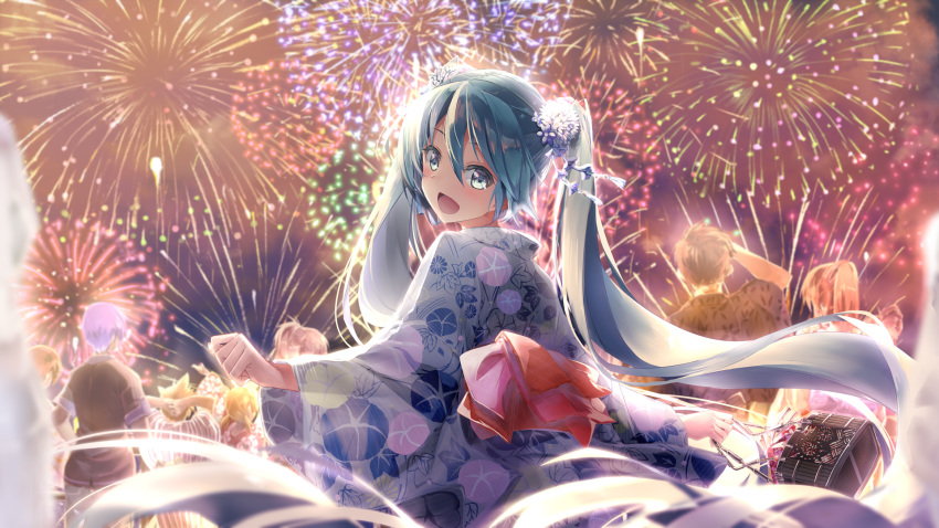 3boys 5girls aqua_eyes aqua_hair arms_behind_head backlighting basket blue_hair blue_kimono brown_hair commentary daidou_(demitasse) fireworks floral_print flower from_behind hair_flower hair_ornament hands_together hatsune_miku highres holding holding_basket japanese_clothes kagamine_len kagamine_rin kaito kimono long_hair looking_at_viewer looking_back megurine_luka meiko morning_glory multiple_boys multiple_girls night night_sky obi outstretched_arms pink_hair ponytail sash scenery short_hair sky spiky_hair standing twintails upper_body very_long_hair vocaloid yukata