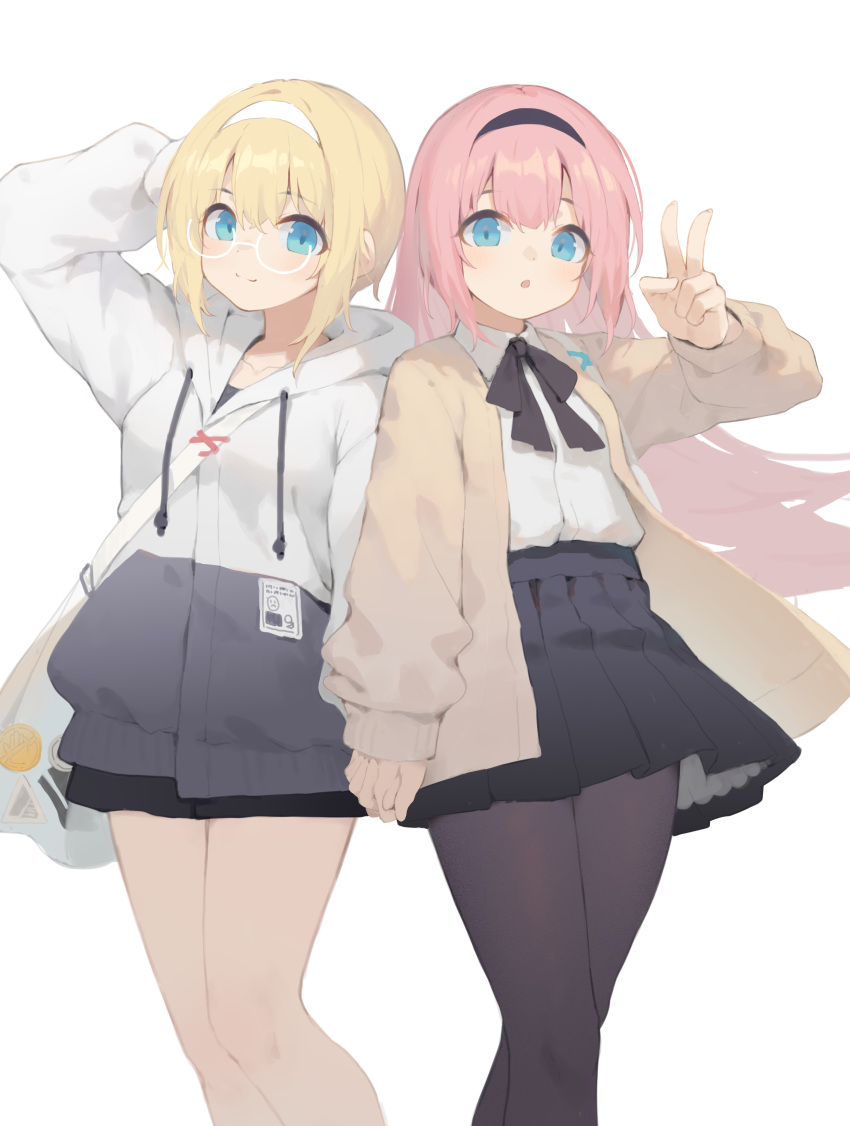 2girls absurdres arm_up bag bangs black_bow black_legwear black_skirt blonde_hair blue_eyes bow brown_jacket character_request collared_shirt commentary_request drawstring dress_shirt eyebrows_visible_through_hair hair_between_eyes hand_behind_head hand_up highres holding_hands hood hood_down hooded_jacket interlocked_fingers jacket long_hair long_sleeves multiple_girls official_art pantyhose pink_hair pleated_skirt puffy_long_sleeves puffy_sleeves shirt shoulder_bag simple_background skirt sleeves_past_wrists v very_long_hair warship_girls_r white_background white_jacket white_shirt yuri_shoutu