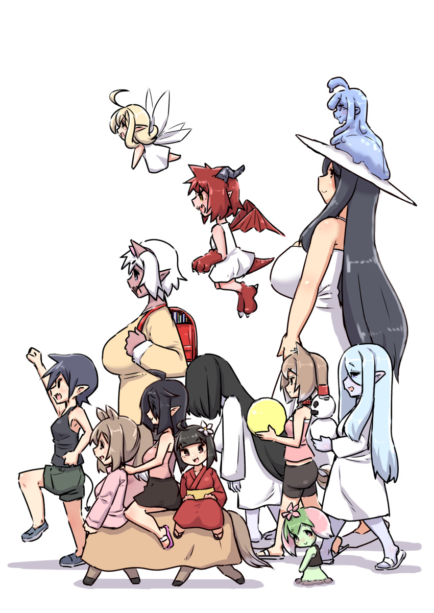 6+girls absurdres ahoge arm_up backpack bag bare_arms bare_shoulders bike_shorts black_hair black_shorts black_skirt black_tank_top blonde_hair blue_footwear blue_hair breasts brown_hair brown_shirt brown_skirt camisole chibi crop_top curled_horns dragon_girl dragon_horns dragon_tail dragon_wings dress fairy fairy_wings flower from_side green_shorts green_skin hair_flower hair_ornament highres horns japanese_clothes kimono large_breasts loafers long_hair minigirl monster_girl multiple_girls obi original pink_camisole pink_shirt plant_girl pointy_ears ponytail profile randoseru red_kimono red_wings sash shadow shirt shoes short_shorts shorts skirt sleeveless sleeveless_dress slime_girl small_breasts snowman standing standing_on_one_leg tail tank_top u-non_(annon'an) very_long_hair white_background white_dress white_flower white_kimono white_wings wings yuki_onna