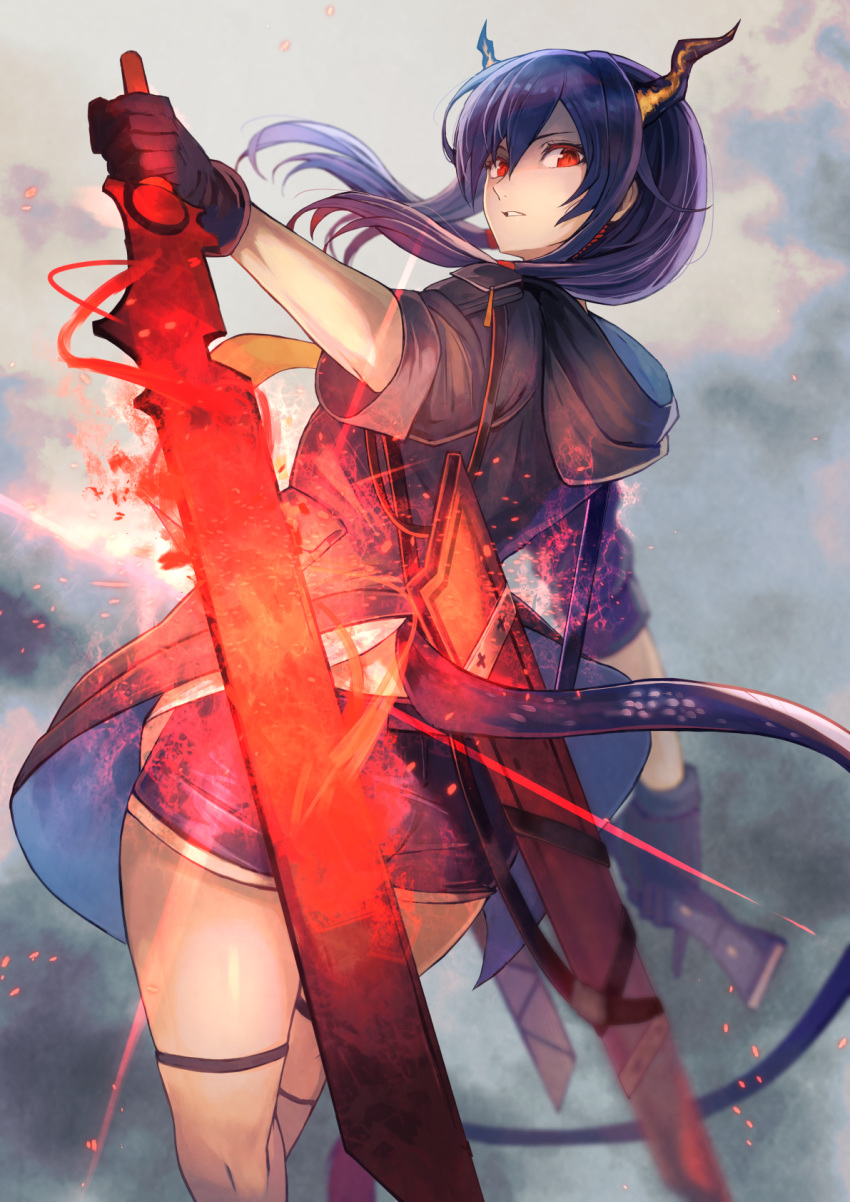 1girl arknights black_gloves blue_hair ch'en_(arknights) dragon_horns dragon_tail from_behind gloves glowing glowing_sword glowing_weapon highres hood hooded_jacket horns jacket looking_back ohako_(ohako1818) red_eyes sheath shorts sword tail weapon
