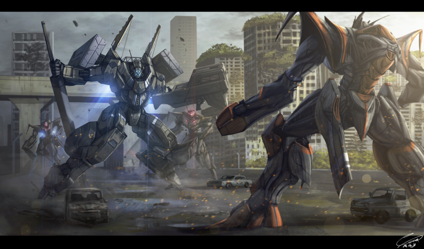 absurdres blue_eyes charging_forward city extra_eyes fighting glowing glowing_eyes gun highres holding holding_gun holding_weapon mecha no_humans original raruru science_fiction visor weapon