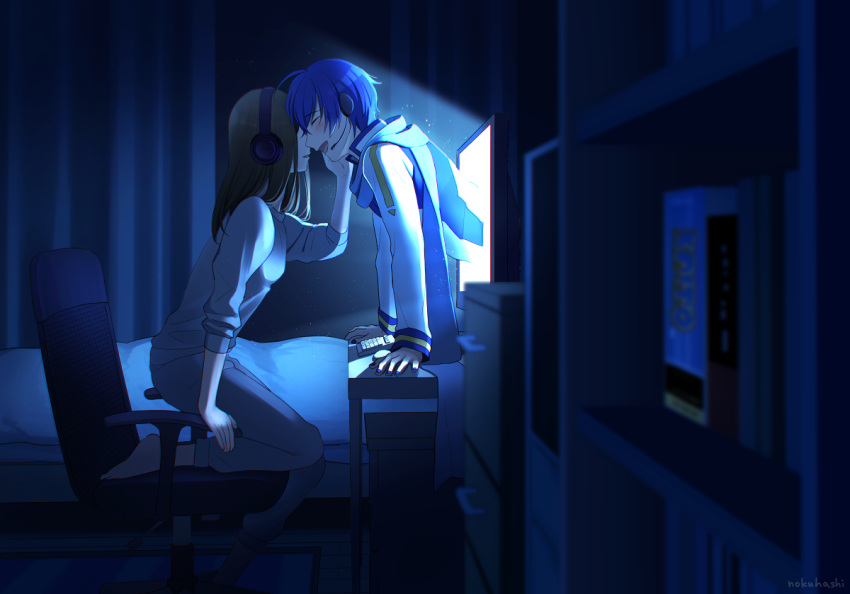 1boy 1girl arm_support bed blue_hair blue_scarf blush bookshelf brown_hair chair closed_eyes coat commentary computer curtains faceless faceless_female forehead-to-forehead headphones headset indoors kaito keyboard_(computer) kneeling leaning_forward master_(vocaloid) medium_hair monitor night nokuhashi office_chair scarf screen_light shelf through_screen vocaloid white_coat