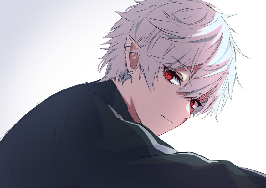 1boy bangs black_jacket closed_mouth ear_piercing earrings eyebrows_visible_through_hair from_side gradient gradient_background grey_background grey_hair hair_between_eyes jacket jewelry kuzuha_(nijisanji) looking_at_viewer looking_to_the_side male_focus nijisanji piercing pointy_ears red_eyes solo talunilu_uu3 track_jacket virtual_youtuber white_background