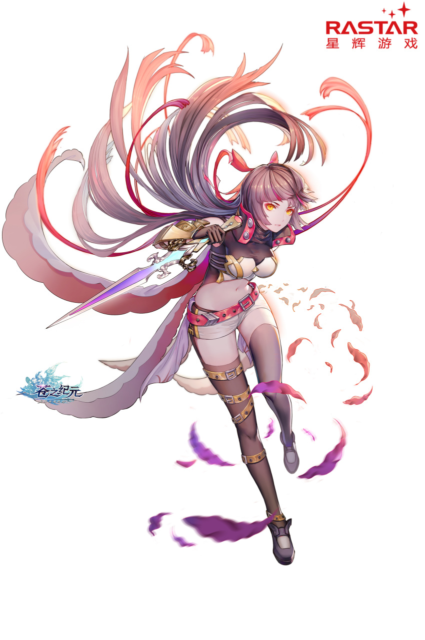 1girl absurdres belt black_footwear black_legwear breasts brown_hair brown_legwear caing_zhihuang company_name feathers full_body hair_ribbon highres holding holding_sword holding_weapon leg_belt long_hair looking_at_viewer lycoris_(rastar) medium_breasts midriff navel official_art rastar red_ribbon ribbon short_shorts shorts solo standing standing_on_one_leg sword thigh-highs very_long_hair watermark weapon white_shorts yellow_eyes