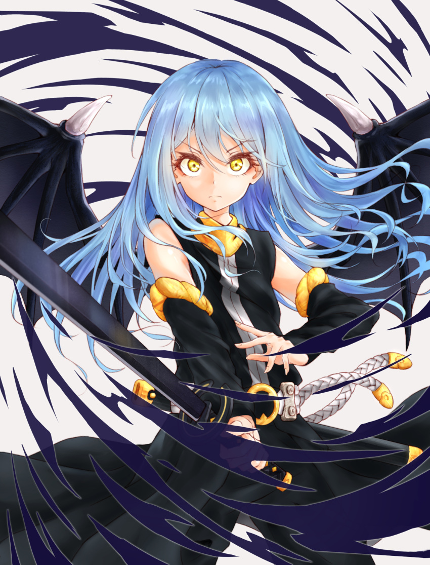 1other androgynous bangs bare_shoulders blue_hair closed_mouth detached_sleeves eyebrows_visible_through_hair hair_between_eyes highres katana long_hair long_sleeves looking_at_viewer rimuru_tempest sheath simple_background solo sword tensei_shitara_slime_datta_ken weapon white_background wings yellow_eyes zetchi_no_dianfeng